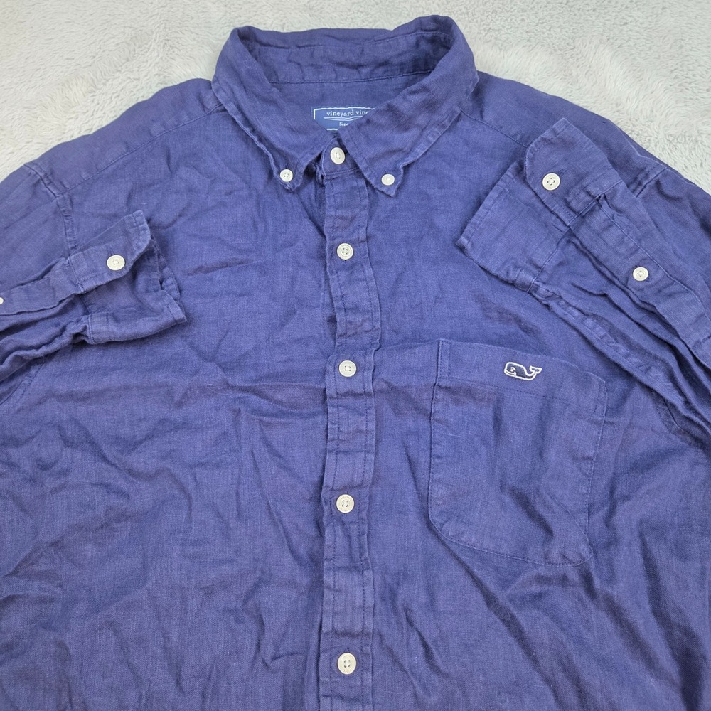 Vineyard Vines Linen Button Down Shirt Mens L Long Sleeve Whale Logo Navy Blue
